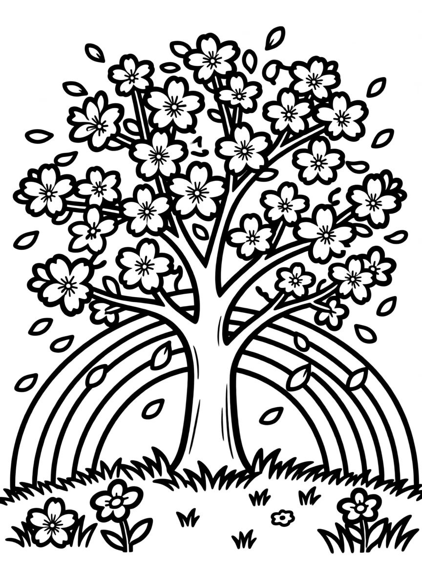 A cherry blossom tree with falling petals under a rainbow under a rainbow under a rainbow