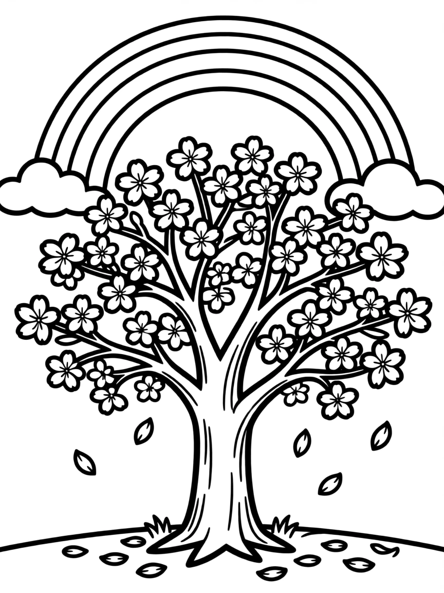 A cherry blossom tree with falling petals under a rainbow