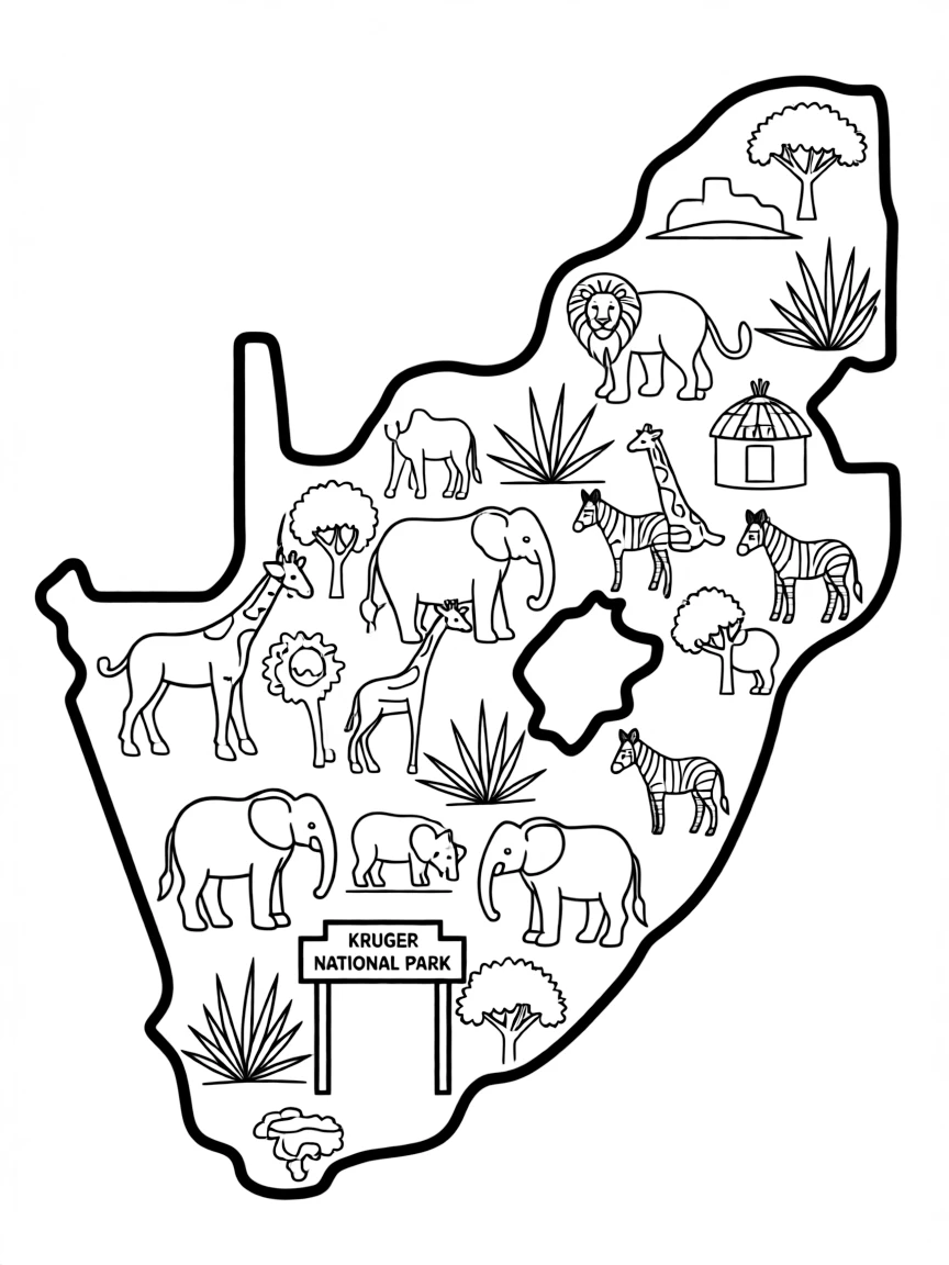 (South Africa) An outline map of South Africa filled with tiny drawings of animals, plants, and landmarks.