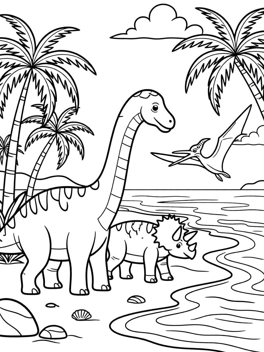 Prehistoric beachside scene with dinosaurs
