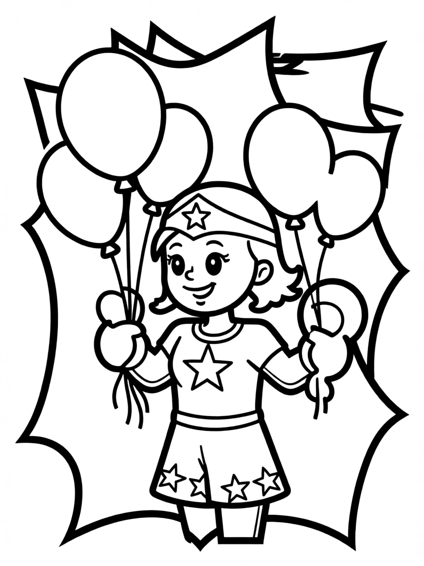 Wonder Woman playing with balloons, inside a comic book frame.