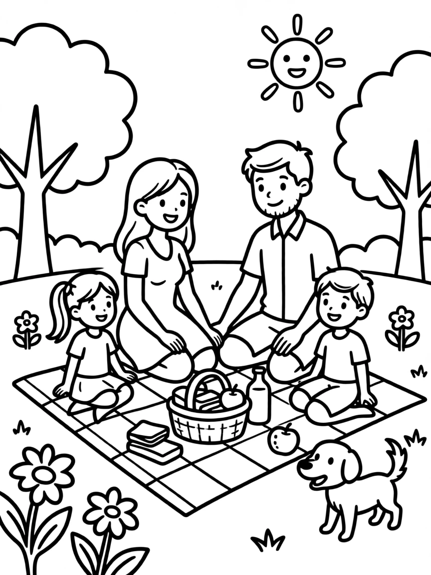 A happy family is having a picnic.