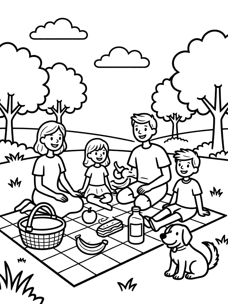 A happy family is having a picnic.