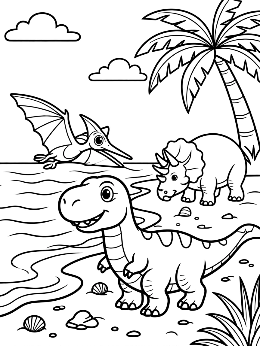 Prehistoric beachside scene with dinosaurs