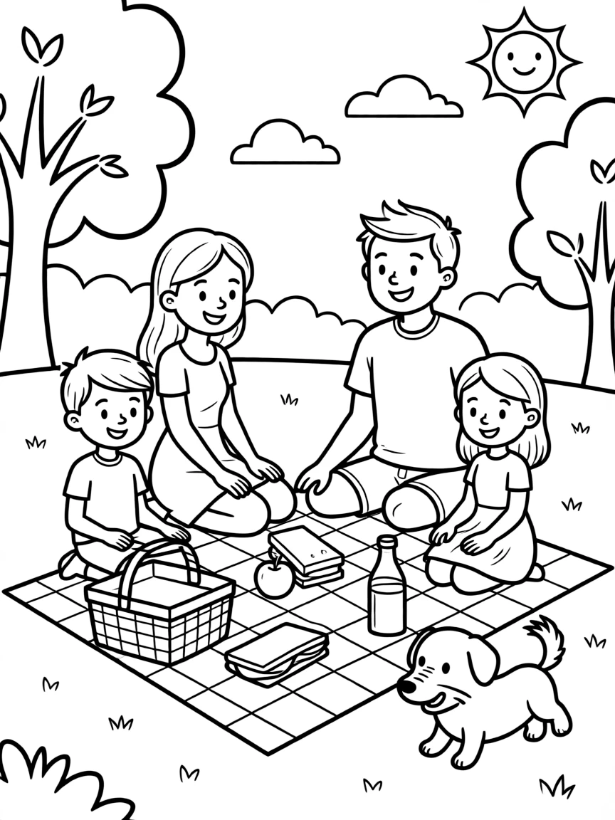 A happy family is having a picnic.