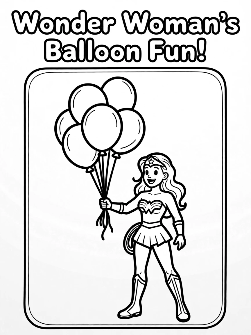 Wonder Woman playing with balloons, inside a comic book frame.