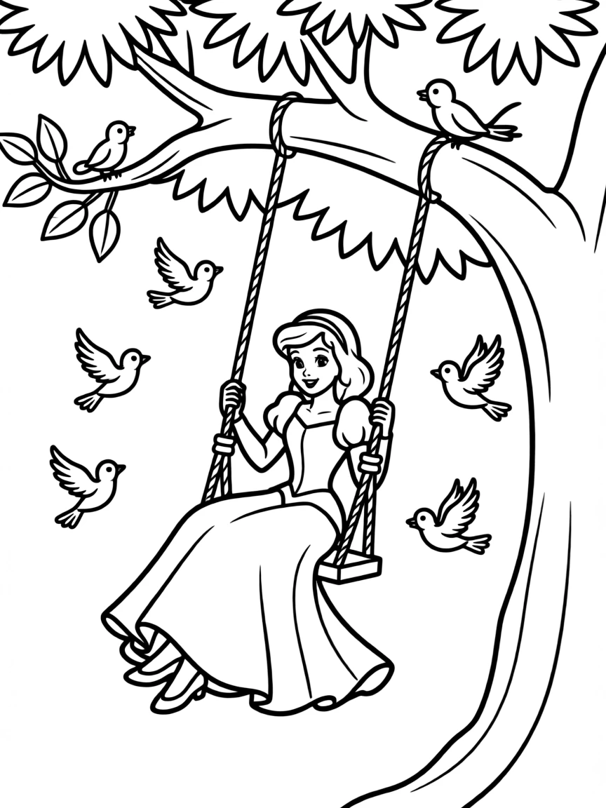 A Disney princess on a swing, high up in a tree, with singing birds.