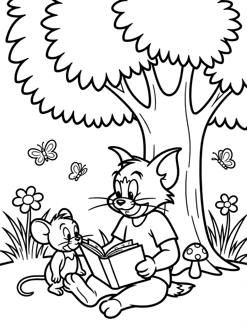 Tom and Jerry reading a book under a tree, with fun background elements.