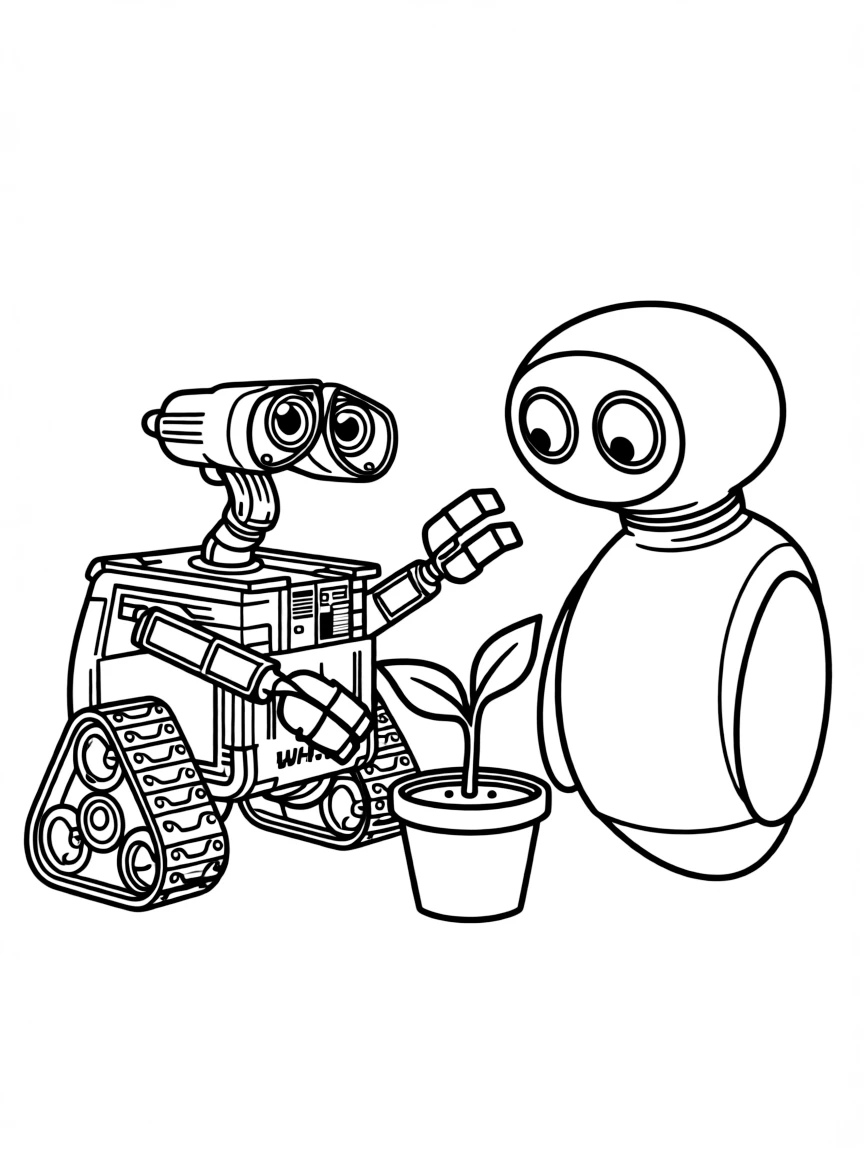 WALL-E and EVE looking at a plant.
