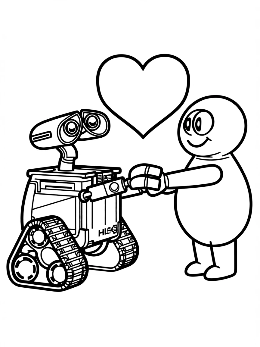 WALL-E and EVE holding hands, with a heart shape.