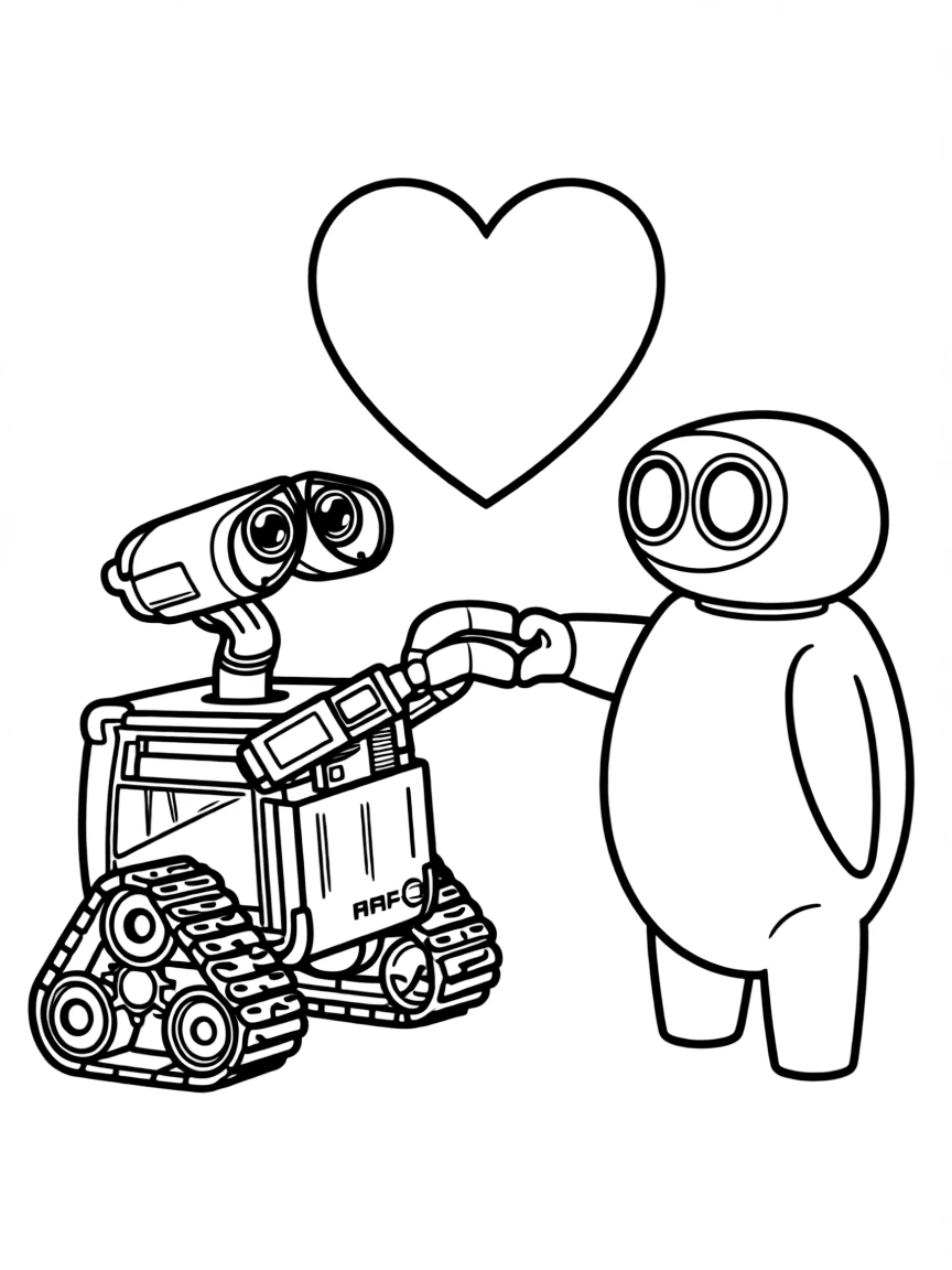 WALL-E and EVE holding hands, with a heart shape.