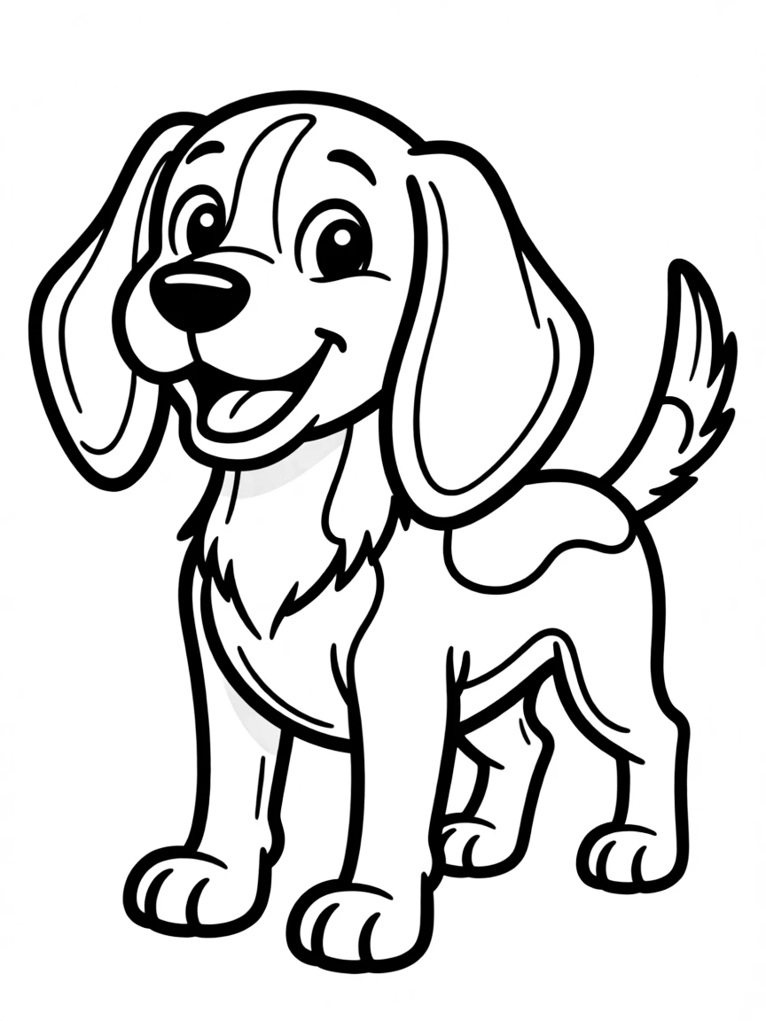 D – Dog: A cheerful cartoon beagle dog standing, floppy ears.
