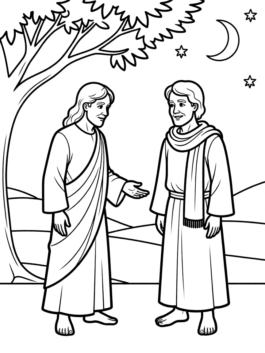 Jesus talking to Nicodemus at night.