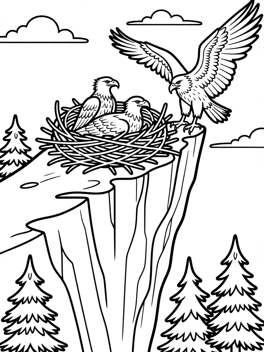 Nest of golden eagles on inaccessible cliff