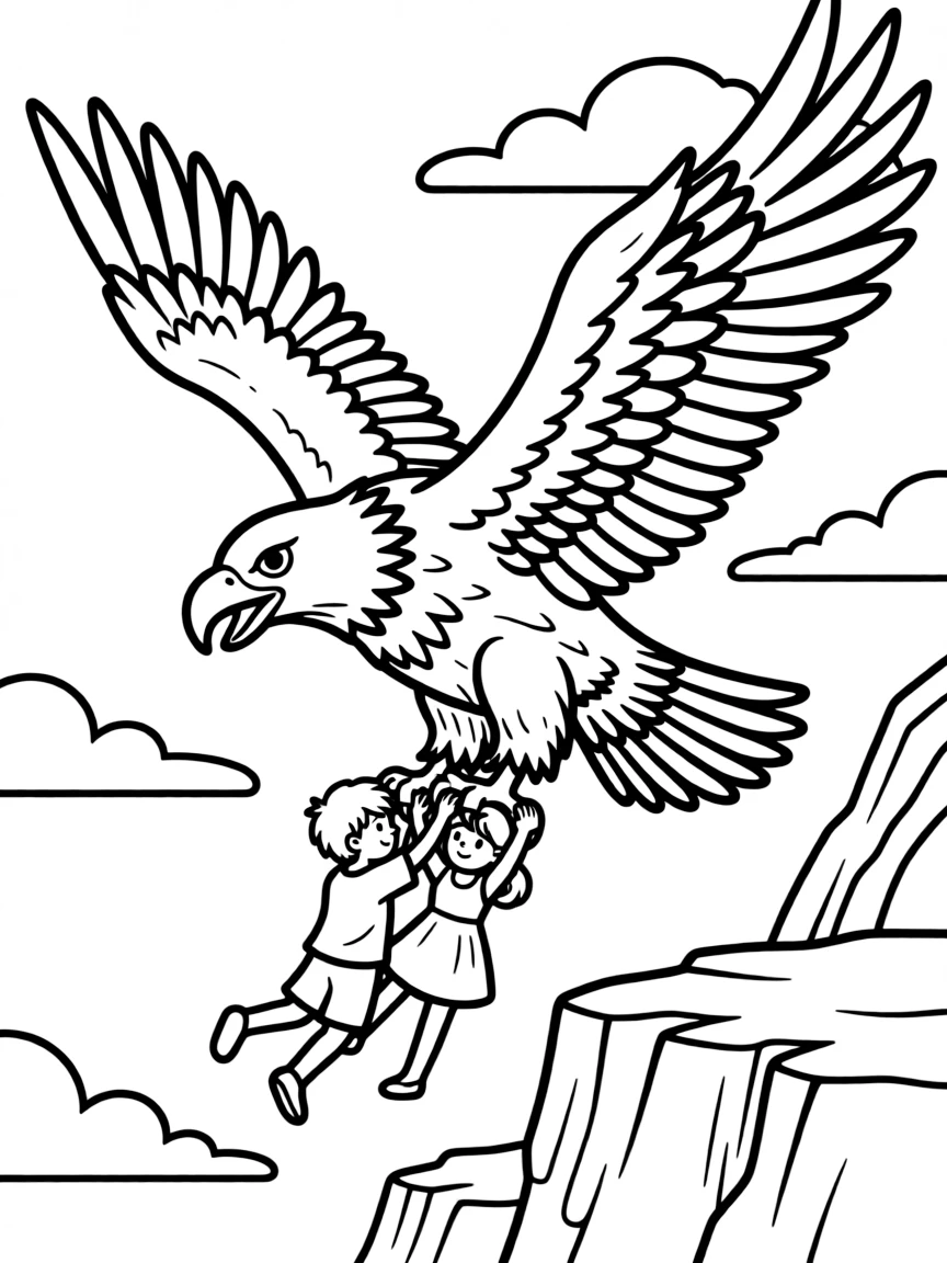 A massive eagle rescuing characters from a dangerous situation