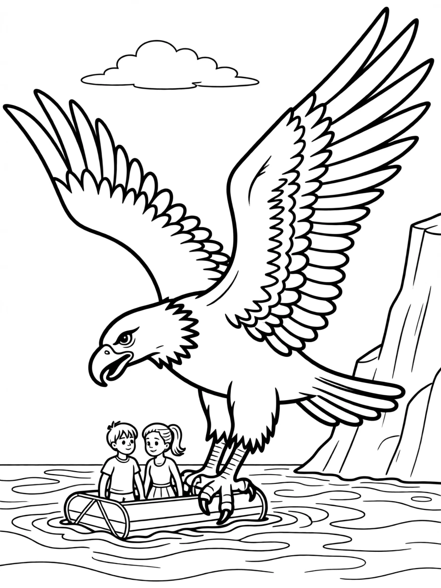 A massive eagle rescuing characters from a dangerous situation