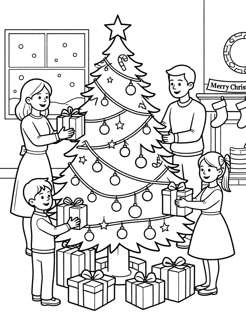 A family placing gifts under the Christmas tree on Christmas Eve.