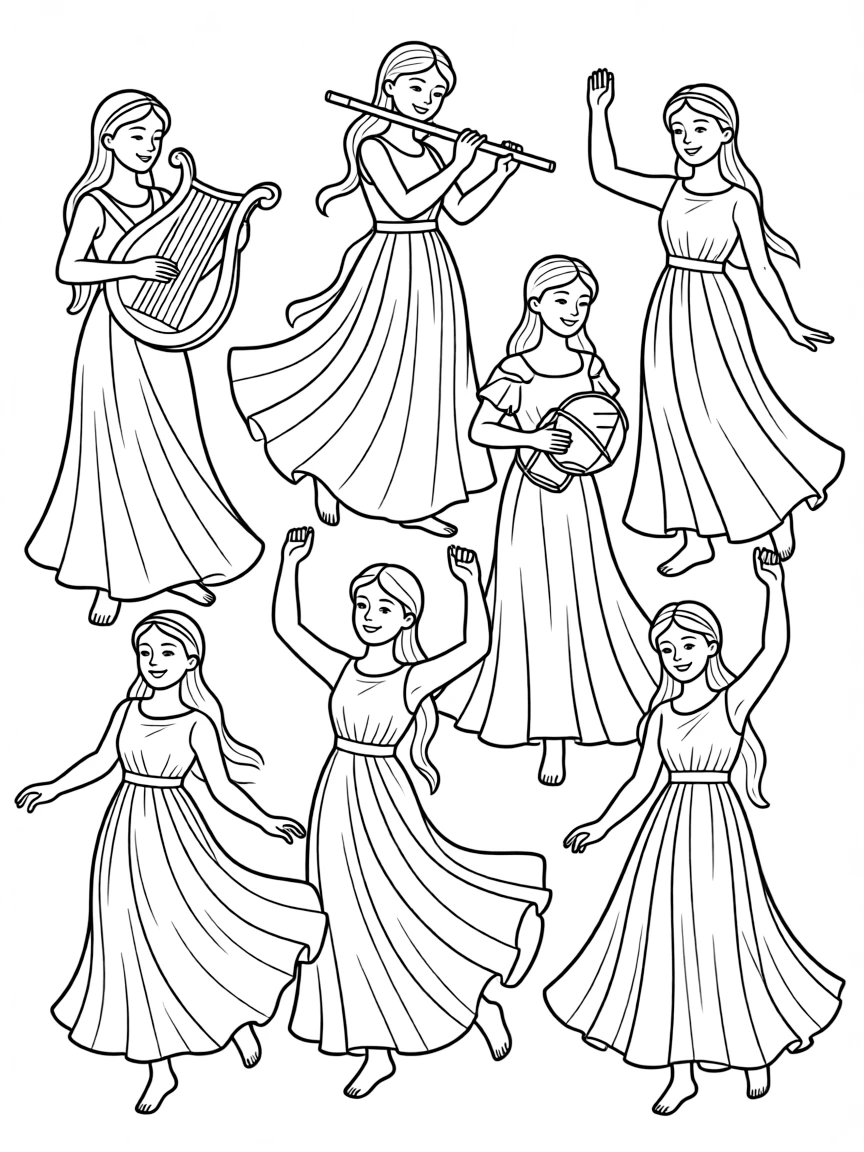 (Greek mythology) The muses playing music and dancing