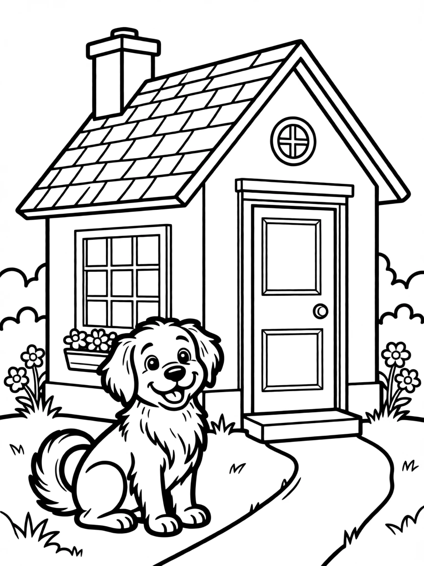 A cute dog sitting in front of a house