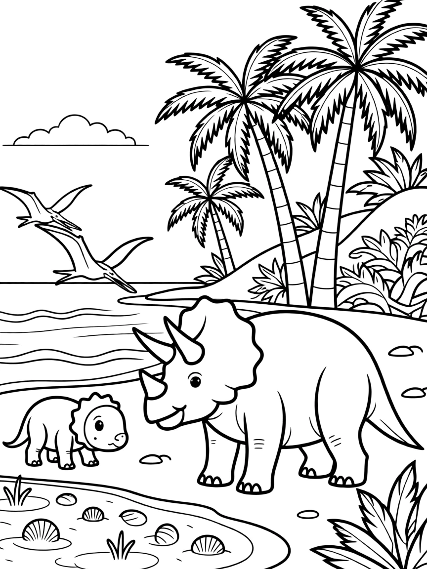 Prehistoric beachside scene with dinosaurs