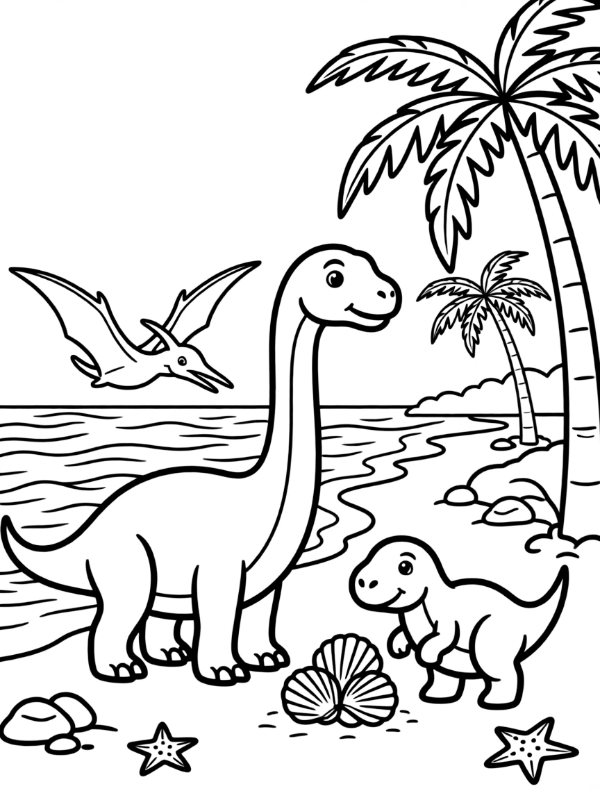 Prehistoric beachside scene with dinosaurs