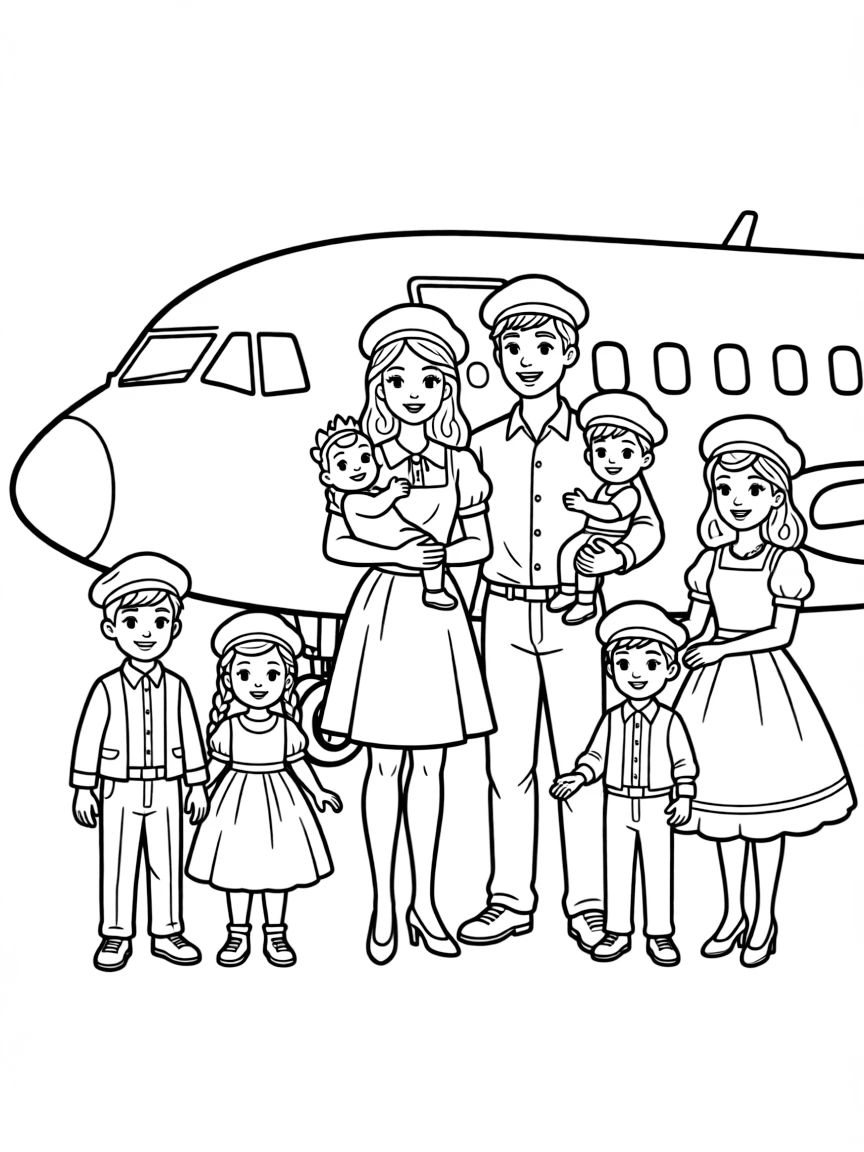 Barbie is traveling to france on  a plane with her husband ken and their six kids.  Barbie is holding a tiny , cute, and adorable baby. Ken is holding a 2 year old little boy. there is a pair of 5 year  old twins.  also there is a 6 year old boy and a nine year old girl. all the girls are wearing crown braids . there all in french berets and french clothes.