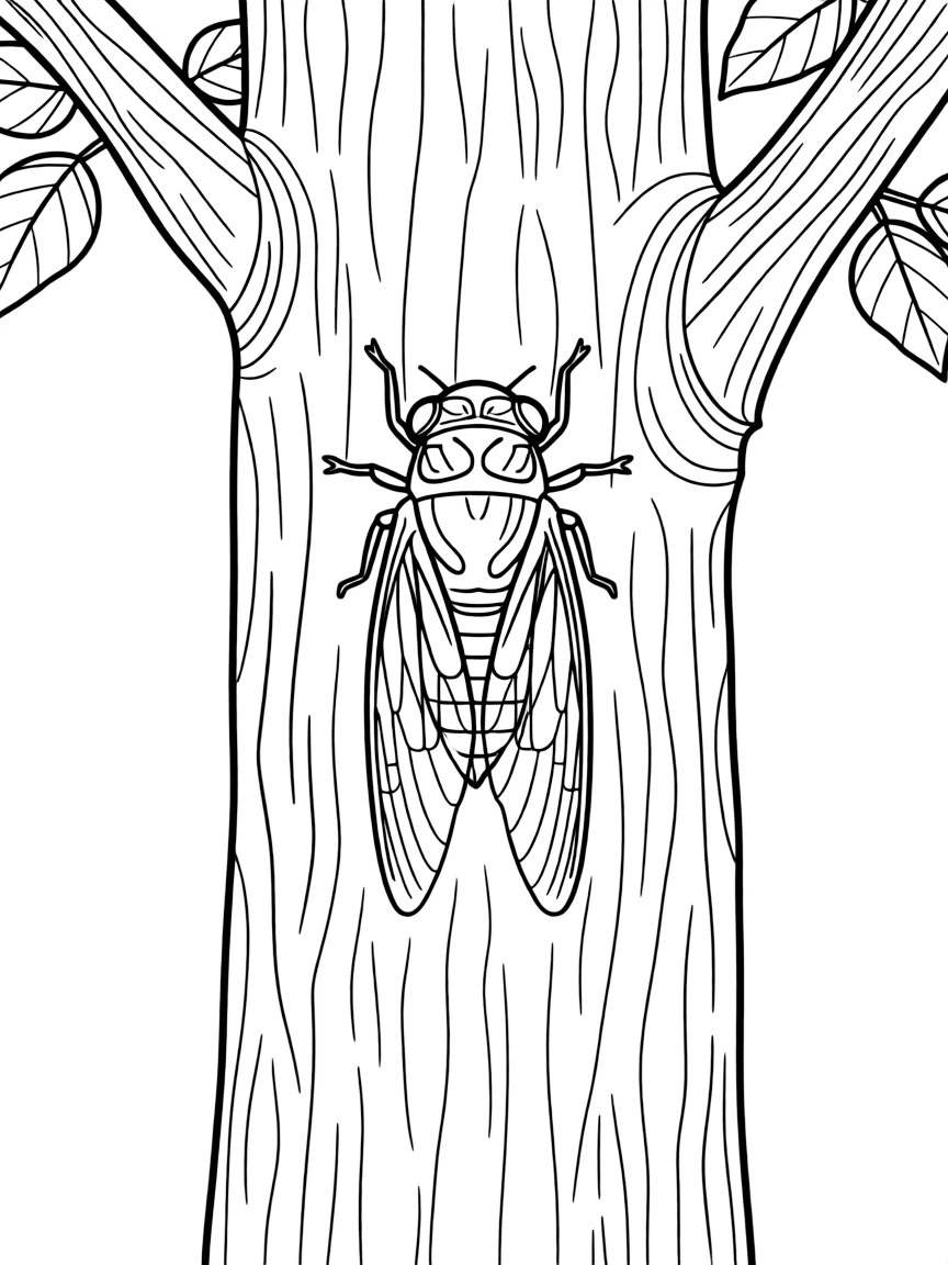 A cicada clinging to the bark of a tree in late summer