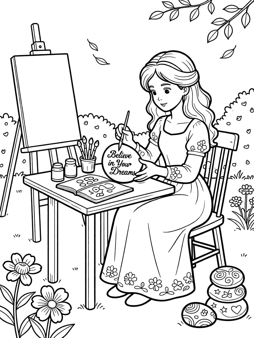 A princess making a beautiful, painted rock with an inspiring message.