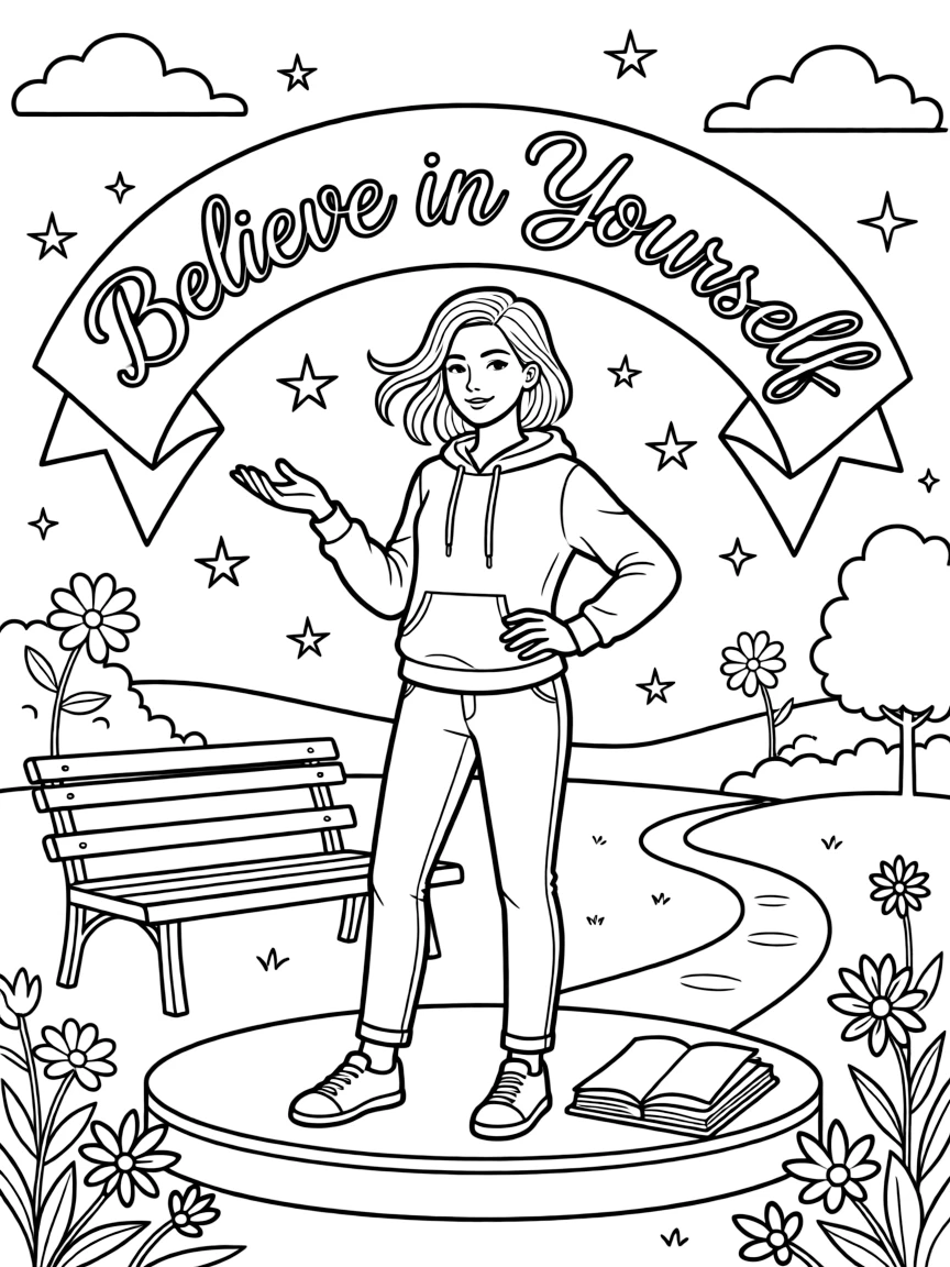 **Believe in Yourself** inspirational coloring page design, include the text "Believe in Yourself".