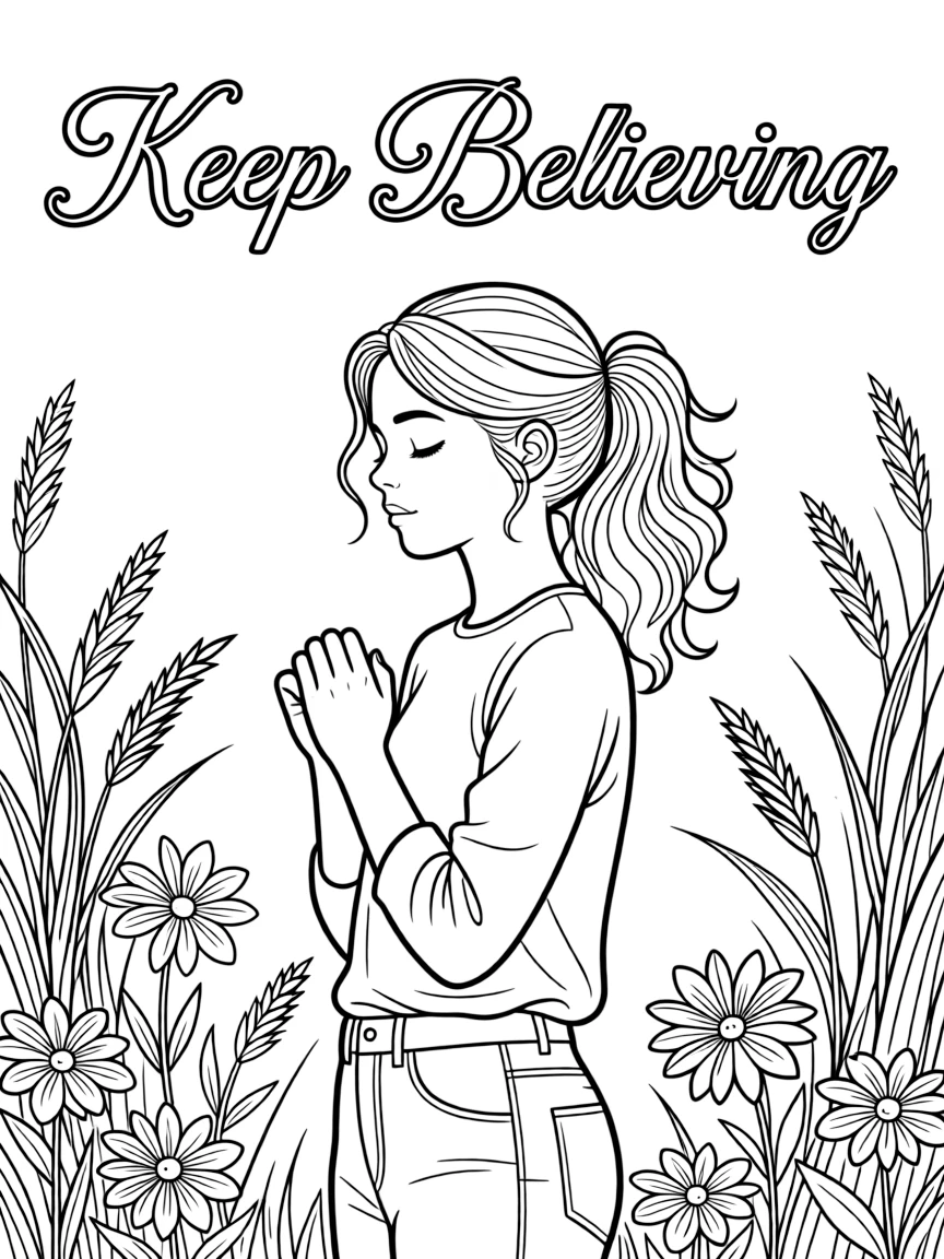**Keep Believing** persistent faith coloring page, include the text "Keep Believing".