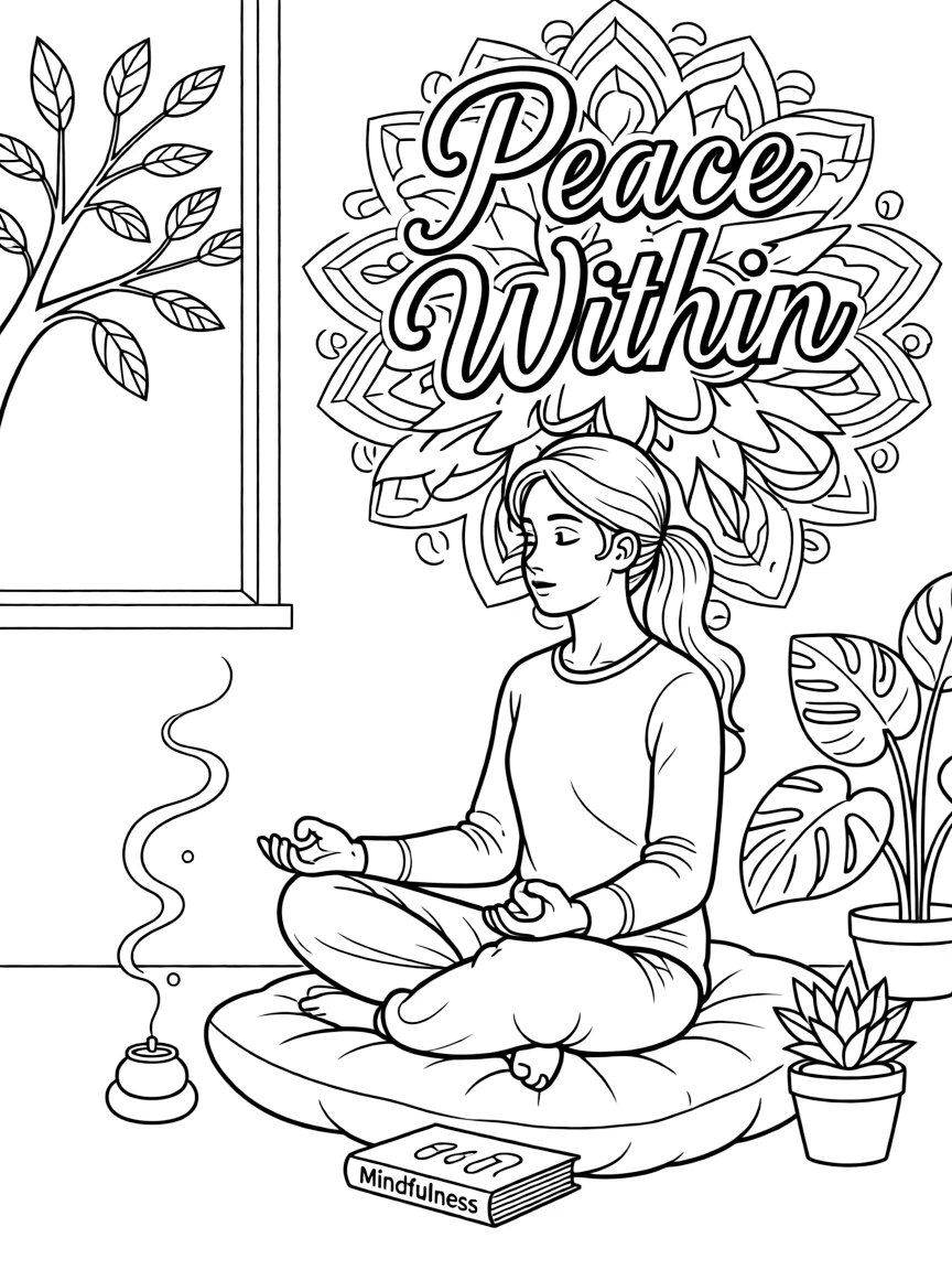 **Peace Within** serene coloring page, include the text "Peace Within".