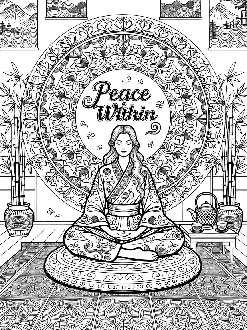 **Peace Within** serene coloring page, include the text "Peace Within".