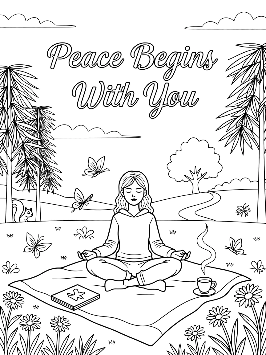 **Peace Begins With You** serene coloring page, include the text "Peace Begins With You".