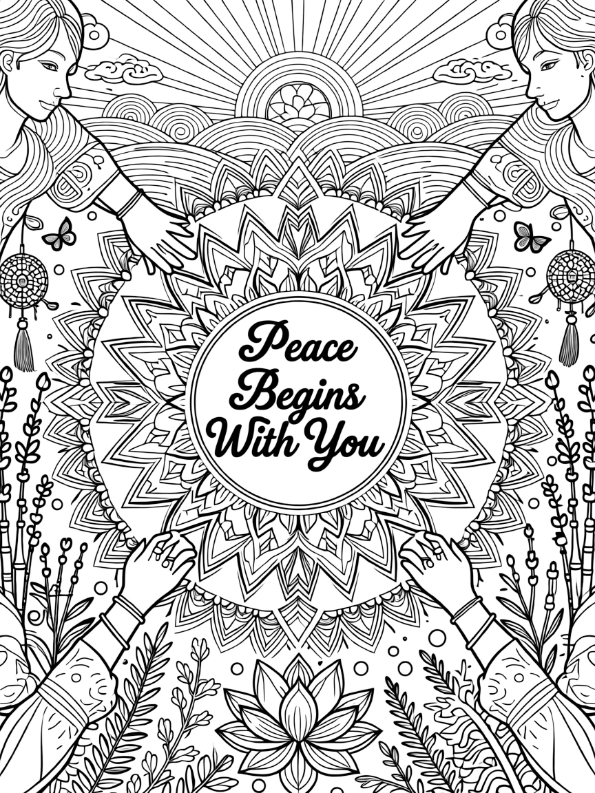 **Peace Begins With You** serene coloring page, include the text "Peace Begins With You".
