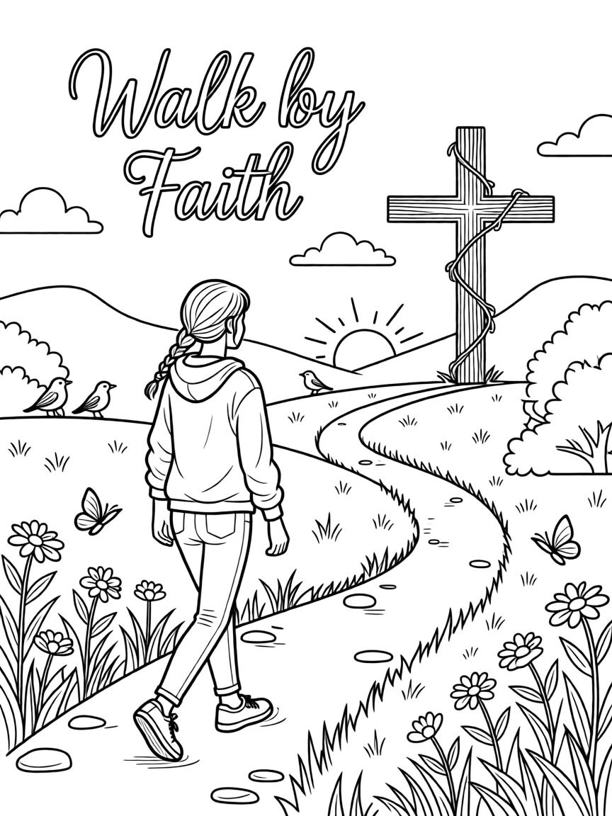 **Walk by Faith** spiritual coloring page, include the text "Walk by Faith".