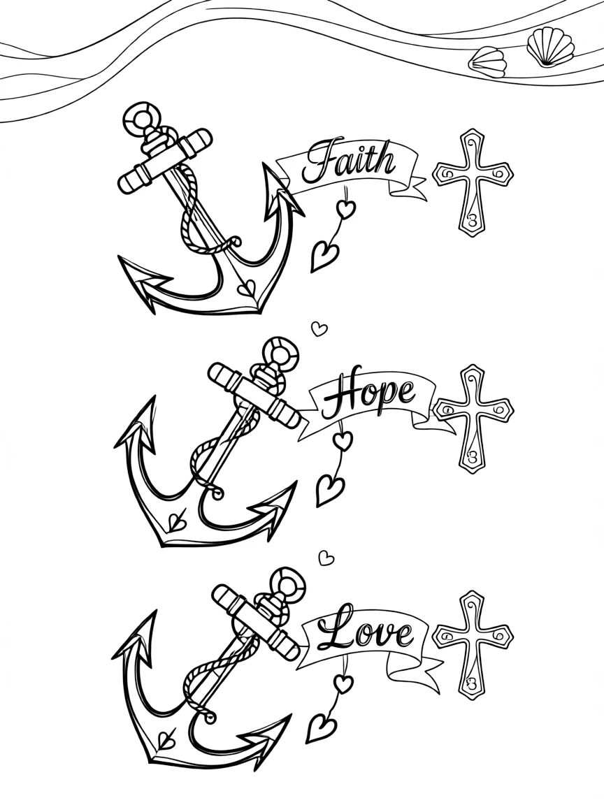 "Faith, Hope, Love" (1 Corinthians 13:13) with symbolic anchors, hearts, and crosses