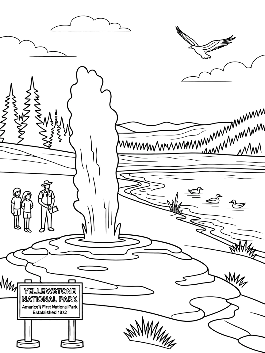 Yellowstone National Park with Wyoming geothermal wonderland, Old Faithful predictability, Yellowstone Lake ecosystem, and America's first national park legacy