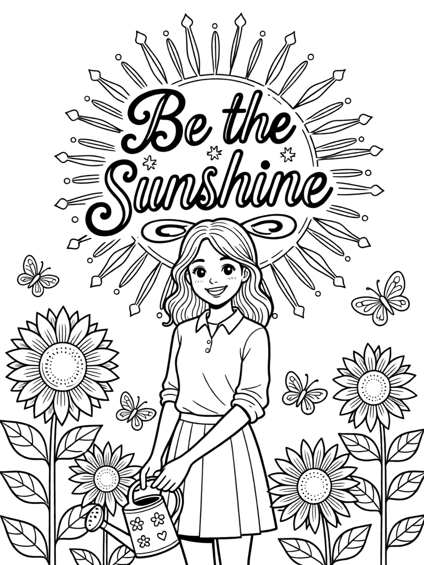 **Be the Sunshine** radiating positivity coloring page, include the text "Be the Sunshine".