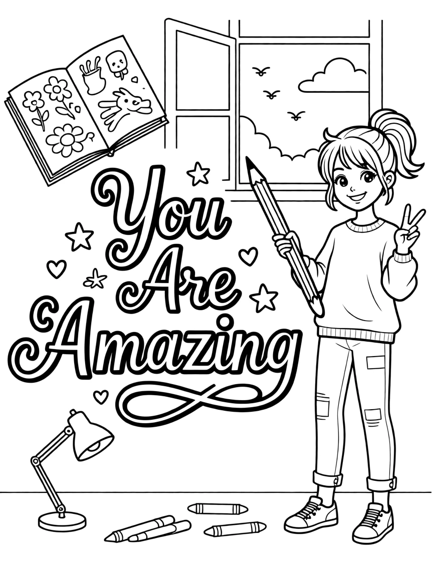 **You Are Amazing** affirmation coloring page, include the text "You Are Amazing".