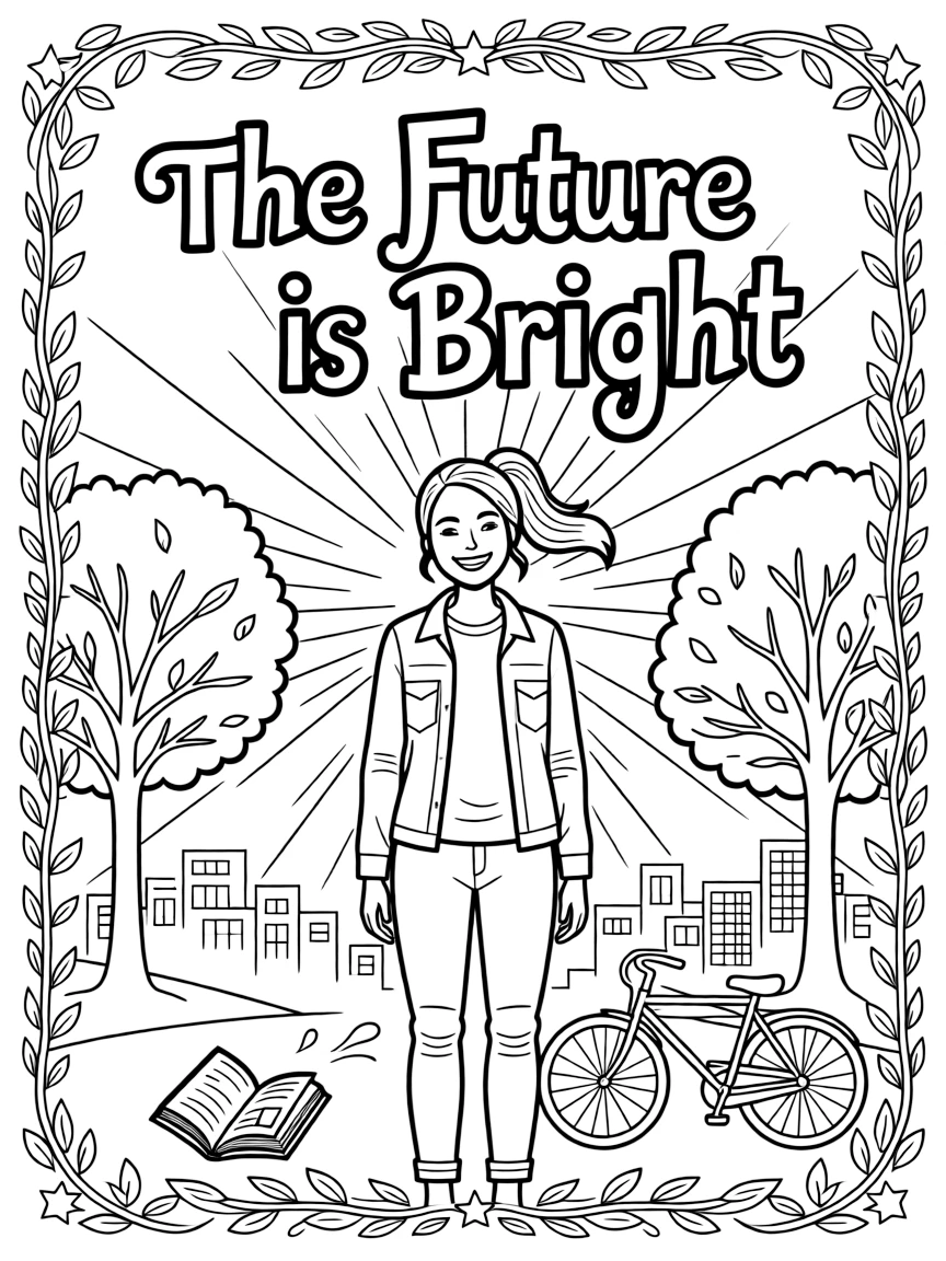 **The Future is Bright** optimistic outlook coloring page, include the text "The Future is Bright".