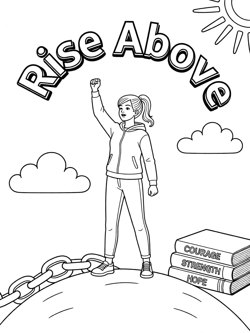 **Rise Above** overcoming challenges coloring page, include the text "Rise Above".
