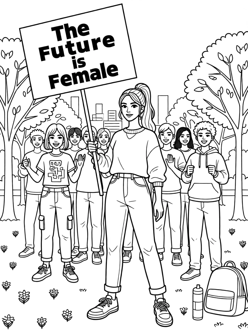 **The Future is Female** empowering coloring page, include the text "The Future is Female".
