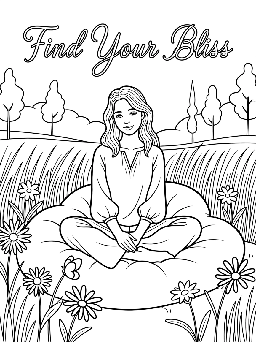 **Find Your Bliss** serene coloring page, include the text "Find Your Bliss".