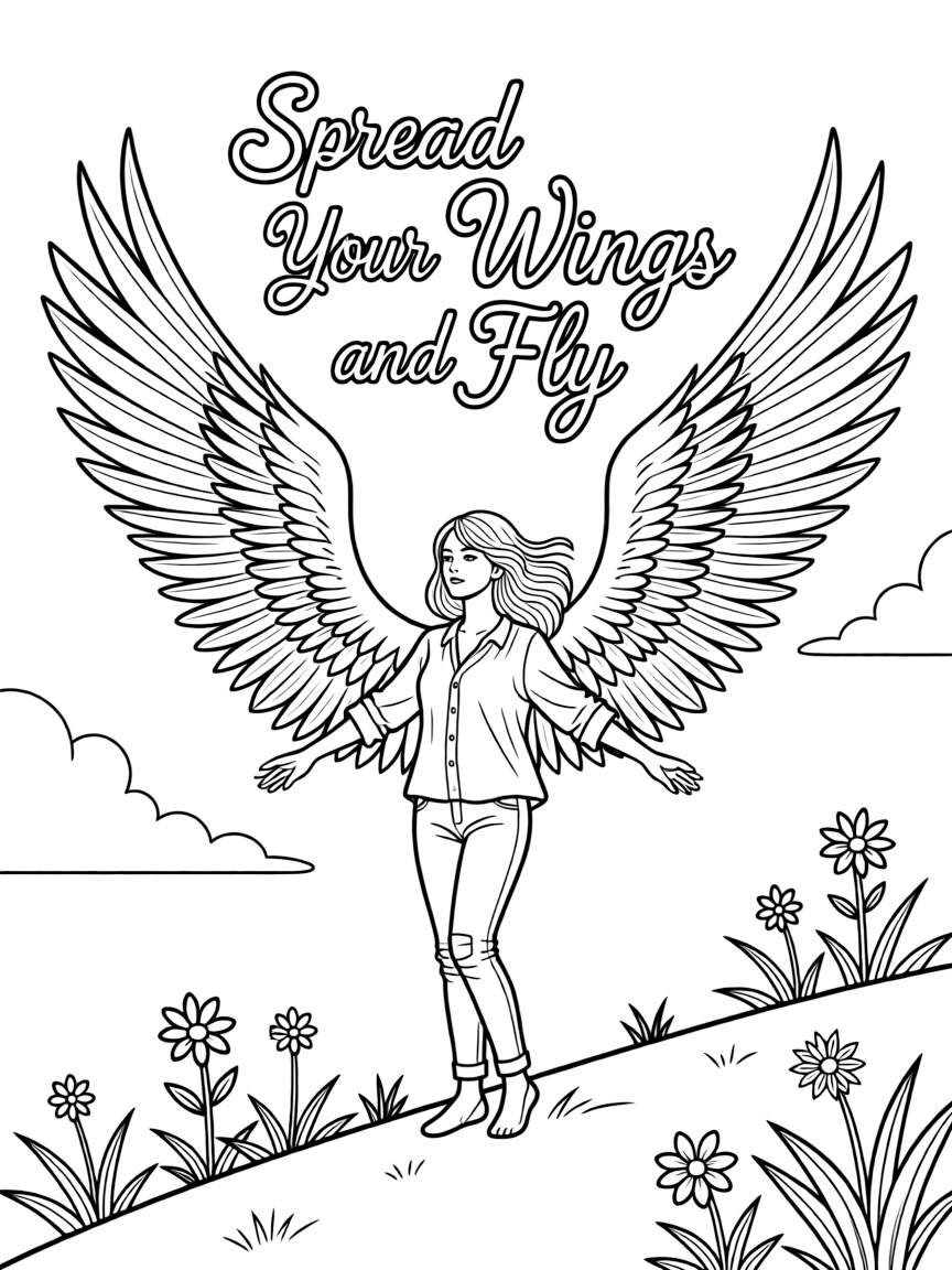 **Spread Your Wings and Fly** freedom coloring page, include the text "Spread Your Wings and Fly".