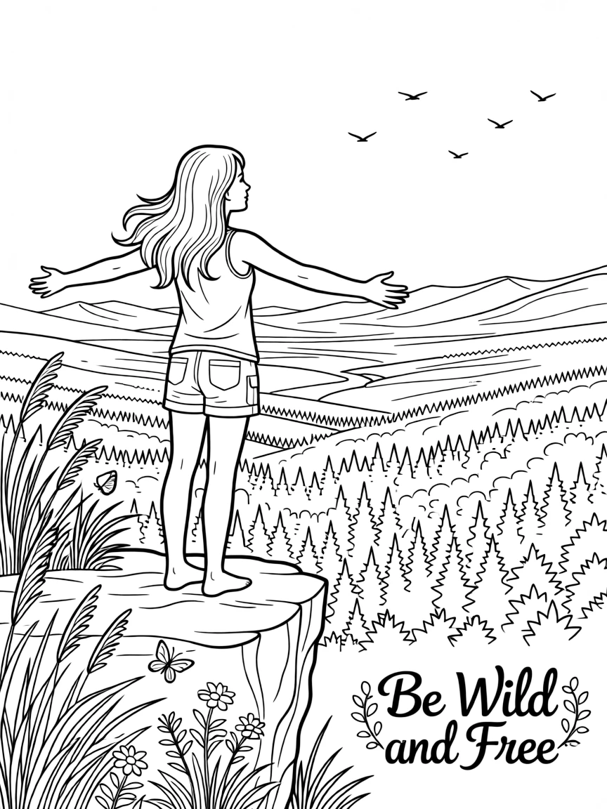 **Be Wild and Free** adventurous coloring page, include the text "Be Wild and Free".
