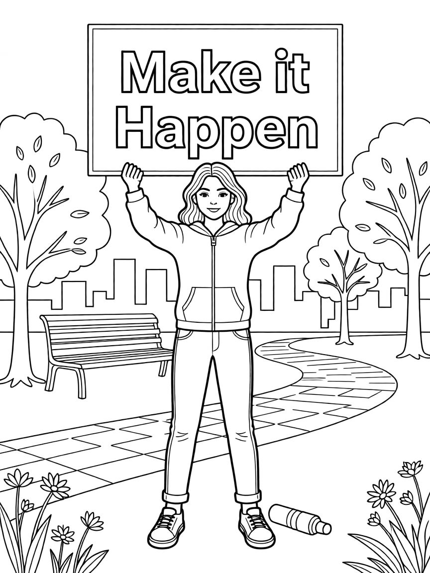 **Make it Happen** action-oriented coloring page, include the text "Make it Happen".