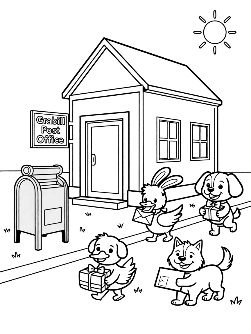 Post office with a sign on the left side of the building to at says Grabill Post Office. Blue style Mail Drop box by the road. Various cute animals such as duck, rabbit, dog, cat, etc. carrying letters and packages toward the post office. Make it a sunny day.
