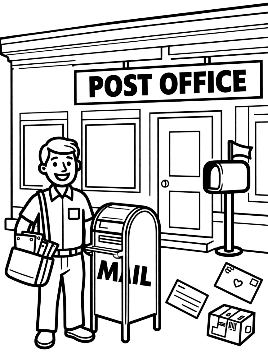 Create a kids coloring page of a post office