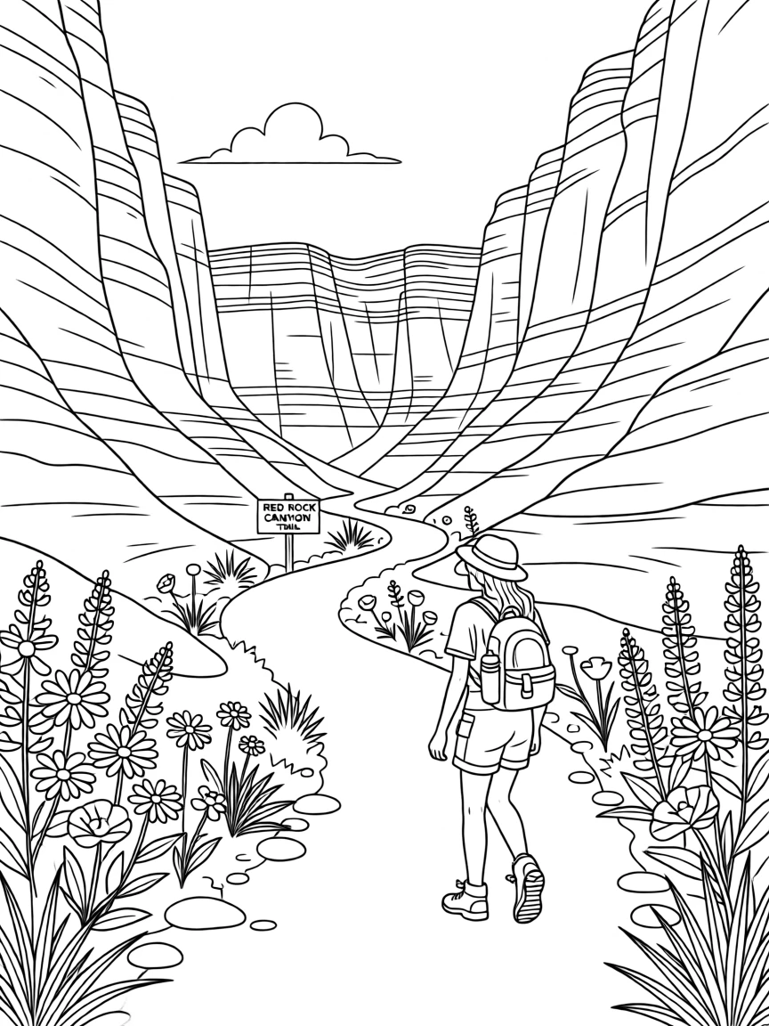 A winding trail through a canyon of red rock, with wildflowers scattered along the trail.