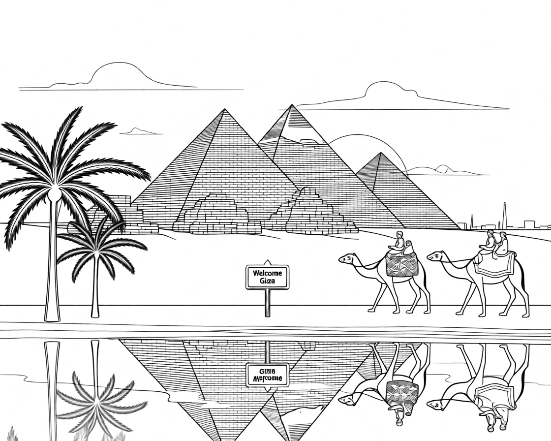 The pyramids of Giza at sunset with camels in silhouette, with a river reflecting the surrounding architecture.